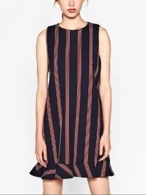Zara Trafaluc Collection Navy Red Stripe Sleeveless Shift Dress Size S